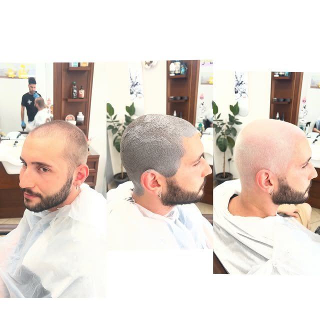 Testa rasata e barba curata, tre inquadrature dello stesso lavoro